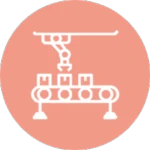 White icon of a robotic arm placing boxes on a conveyor belt, shown on a circular peach-colored background. Inspired by Aptar Go2Lab's focus on automation and innovation.