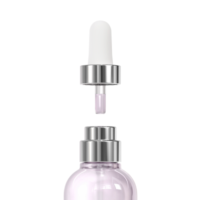 A close-up of Neo Dropper , a classic dropper packaging featuring a white rubber  pipette and silver collar, positioned above a matching glass bottle filled with light purple liquid, both set against a clean white background.