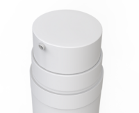 Close-up of the top portion of a white cylindrical plastic bottle labeled Nouvelle, a customizable airless packaging option with a clear view of the nozzle and cap against a plain white background.
