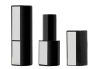 Three black non guided lipstick packaging with mirrors on the sides  are shown: one closed, one open with the lipstick exposed, and one cap standing alone. The background is white.