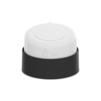 A white, plastic twist-to-lock aerosol actuator for gel is shown from the back with  a raised circular section on top and embossed symbols, including an arrow, on its side to indicate the locking feature. The background is plain white.