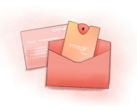 An illustrated orange envelope contains an ultra-flat fragrance sampling card labeled 'Imagin by Aptar', with a letter placed beside it. The layout highlights how the sampling card fits into the mailing format.