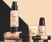 Aptar Beauty’s Sirius Classic airless packaging is showcased alongside Evolution and Evoclassic, with beige foundation containers with sleek black caps. The products are arranged against a two-tone beige and black background.