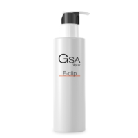 A white bottle with a black and white dispenser, labeled GSA by Aptar and E-clip in black text, features GSA is a dispensing pump with Metal-Free Pathway for safe, clean dispensing.