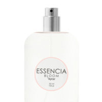 A clear spray bottle labeled ESSENCIA BLOOM by Aptar features a sleek silver fragrance pump nozzle. The label displays 50 ml and 100 ml below the brand name. The bottle is photographed against a white background.