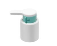 A fully recyclable dispensing pump named Future, this white plastic dispenser features a teal rotating ring with an arrow, designed for effortless dispensing of liquid products like soap or lotion. The background is plain white.