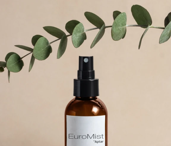 A brown spray bottle with a fine mist spray pump labeled EuroMist sits beneath a horizontal eucalyptus branch on a beige background.
