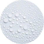 a picture of water droplets in a circular frame, depicting that bag-on-valve is compatible with liquid/water-based formulas