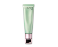 A shiny, light green airless pump tube for skincare and cosmetic formulas labeled EVO-CLASSIC Aptar, with a metallic pink cap, stands upright on a white background.