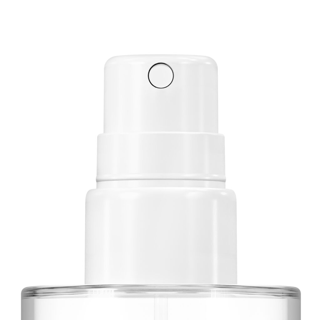 Close-up of a Classic Fine Mist Spray Pump nozzle against a plain white background. The image focuses on the top part of the bottle, clearly showcasing the spray mechanism.
