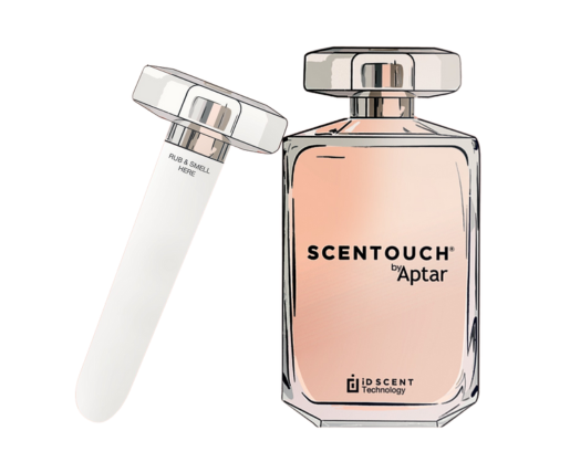 A rectangular perfume bottle labeled SCENTOUCH by Aptar stands next to a reusable paper fragrance sampling stick with a silver cap, with the words RUB & SMELL HERE