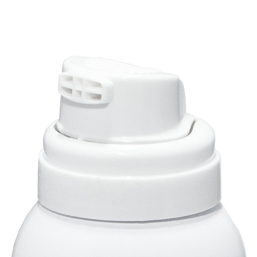 Close-up of a white aerosol spray nozzle actuator for gel and foam named S25 on top of a bottle, shown against a plain white background.