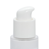 Close-up of a white plastic cosmetic pump labeled Evolution on a bottle, commonly used for lotions or liquid soaps, against a plain white background.