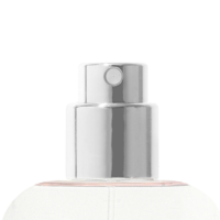 Close-up of Essencia SLP, low-profile fragrance pump on a transparent bottle, likely for perfume, against a white background.