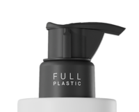 A close-up of a black GSA Advance Recyclable Dispensing Pump on a white bottle, with the words FULL PLASTIC printed on the neck of the dispenser. The background is plain white.