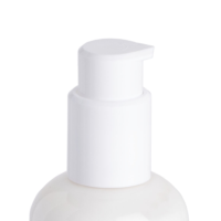 Close-up of a white high dose cosmetic pump named Amplitude on top of a bottle, used for dispensing liquids, against a plain white background.