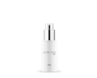 A white 15ml cosmetic pump bottle with a silver dispenser, labeled AURIGA, showcases premium airless beauty packaging against a plain white background.