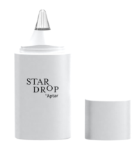 A white bottle labeled Star Drop by Aptar features a pointed nozzle for precise drop-by-drop dispensing, with a detached cylindrical cap placed beside it, all set against a white background.