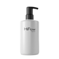 A white plastic bottle with a black dispenser, labeled HiFlow by Aptar on the front, features an e-commerce capable high-dose dispensing pump, shown on a plain white background.
