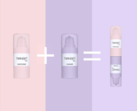 Two skincare bottles labeled 'Moisturize' and 'Cleanse' are shown with a plus sign between them, followed by an equals sign and a Twinset bottle: Aptar’s dual-chamber 2-in-1 airless packaging.