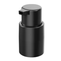 Close-up of the PAV Treatment low dosage pump, featuring a black plastic cosmetic dispenser with a short spout, designed for precise dispensing of personal care liquids such as soap or lotion. Displayed against a plain white background.