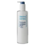 A white bottle with a blue pump labeled derma series future arises PET lotion in blue and gray text, showcasing advanced packaging solutions for dermocosmetics.