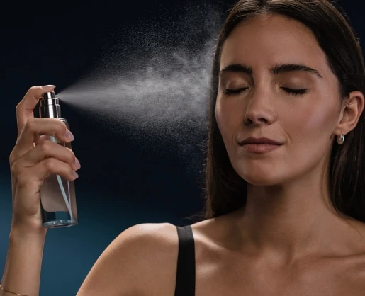 A person holds a clear bottle with a silver spray pump beside the face as a fine mist disperses across a dark blue background.
