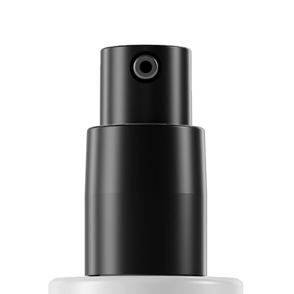 Close-up of a black low dosage pump labeled PAV Treatment against a white background, highlighting the top part of the dispenser.