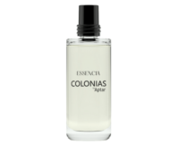 A clear glass bottle labeled ESSENCIA COLONIAS by Aptar, filled with a light yellow liquid and topped with a black cap, offers a discreet refillable fragrance experience against a white background.