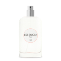 A clear glass perfume bottle with an elegant fragrance pump and a silver spray cap. The label reads ESSENCIA by Aptar 50 ml 100ml in black text within a light pink circle. The bottle is set against a white background.