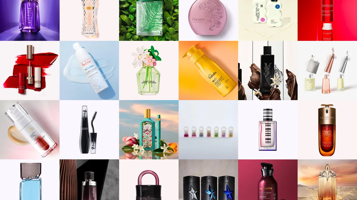 A collage of various beauty and skincare product bottles, jars, and packaging—featuring custom primary beauty packaging—arranged in a 5x6 grid against colorful backgrounds, showcasing different shapes, colors, and designs.