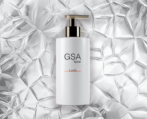 Aptar Beauty's GSA Luxe Dispensing Lotion Pump on a diamond background