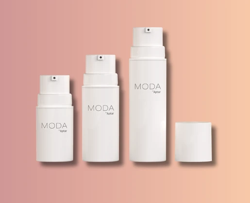 Three white cylindrical cosmetic pump bottles labeled MODA Aptar are displayed on a pink gradient background, showcasing sleek modern airless packaging. One cap is off and placed beside the tallest bottle.