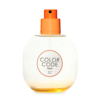 Orange plastic fragrance pump featured on a clear oval 50 ml/80µl perfume bottle labeled COLOR CODE by Aptar, displayed against a white background.