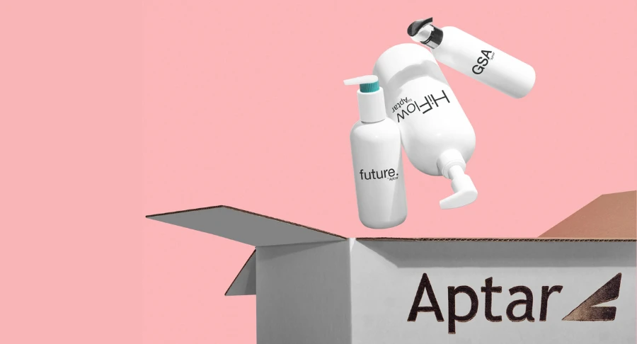 Three white bottles labeled Future, HiFlow, and GSA float above an open cardboard box marked Aptar against a pink background, highlighting how Future, a fully recyclable dispensing pump is also e-commerce friendly packaging.