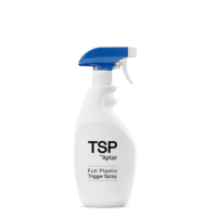 A white plastic spray bottle with a blue trigger and nozzle, labeled TSP by Aptar Full-Plastic Trigger Spray Pump, standing upright on a white background.