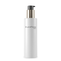 A tall, white cylindrical bottle with a premium high-performance dispensing pump featuring a black dispenser and gold neck, labeled EuroFlow by Aptar on the front, stands upright on a white background.