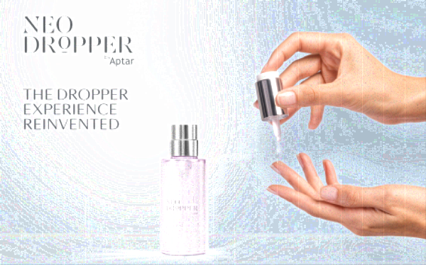 A hand holds a dropper above an open palm with a clear liquid droplet about to fall, beside a transparent bottle labeled NEO DROPPER by Aptar, showcasing innovative dropper packaging and the text THE DROPPER EXPERIENCE REINVENTED on a light background.