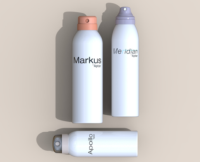 Three white aerosol cans with premium twist to lock aerosol actuators are shown against a beige background. Each bottle, labeled Markus, Meridian, and Apollo in minimalist, modern fonts, features a uniquely colored actutator.