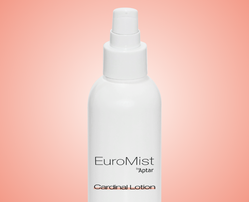 EuroMist Cardinal Lotion bottle with a low-output cosmetic pumpfor high viscosity by Aptar, shown upright on a soft pink gradient background.