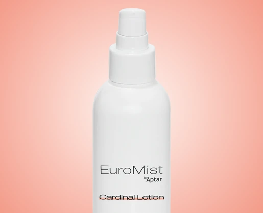 EuroMist Cardinal Lotion bottle with a low-output cosmetic pumpfor high viscosity by Aptar, shown upright on a soft pink gradient background.