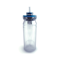 Aptar Pharma DF30 blue metering valve mounted to a clear container used for precise dosing by inhalation.
