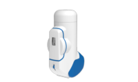 Aptar Pharma's white and blue Breath Actuated Inhaler (BAI) shown from a side angle for automatic spray actuation.