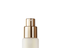 A close-up of an airless glass dispenser named Astrea cosmetic bottle with a frosted body and a shiny gold pump, set against a white background.