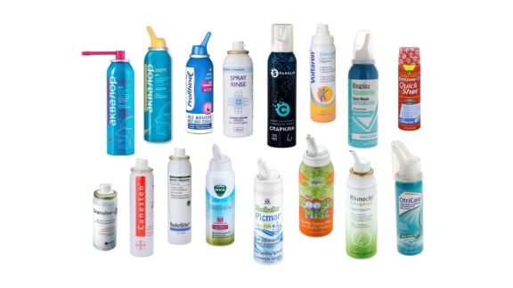 A variety of nasal saline and dermal care products using Aptar Pharma’s Bag-On-Valve technology for precise, safe, and consistent aerosol delivery, including brands like ProRhinel, Rinazina Aquamarina, and Canesten.