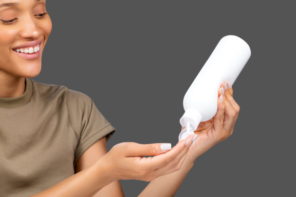 Woman squeezing lotion on her hand form bottle