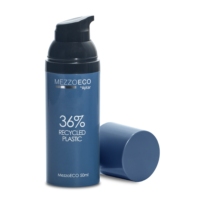 A blue plastic airless bottle labeled MEZZO ECO by Aptar, made with 36% recycled plastic, stands upright with its matching cap removed showcasing Aptar Beauty's best-selling airless packaging in a convenient 50ml size.