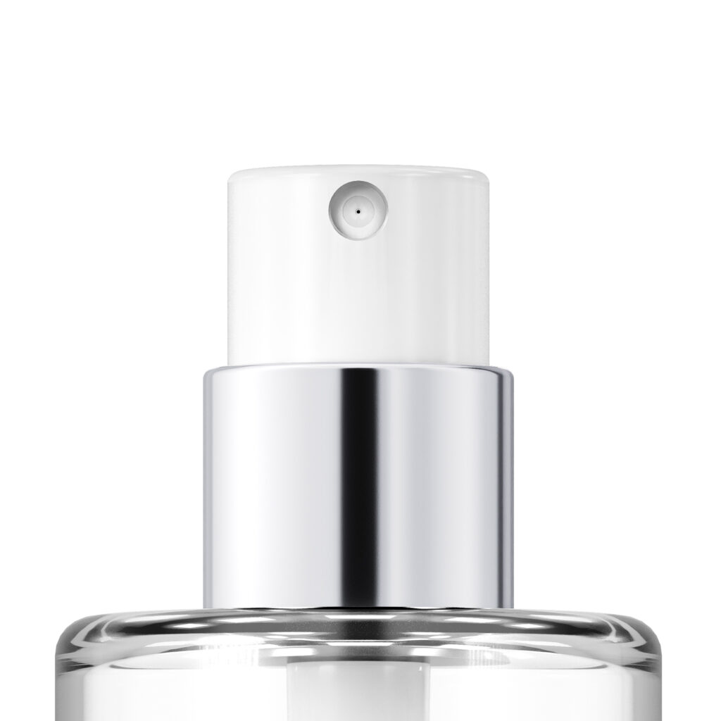 Close-up of Satine Fine Mist ,a shiny silver and white Robust Spray Pump bottle against a plain white background.