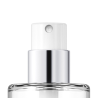 Close-up of Satine Fine Mist ,a shiny silver and white Robust Spray Pump bottle against a plain white background.