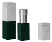 Two rectangular lipstick tubes, one closed and one open with a silver lipstick exposed. Both have dark green bases and white caps featuring a geometric line design. An extra cap is placed to the right.